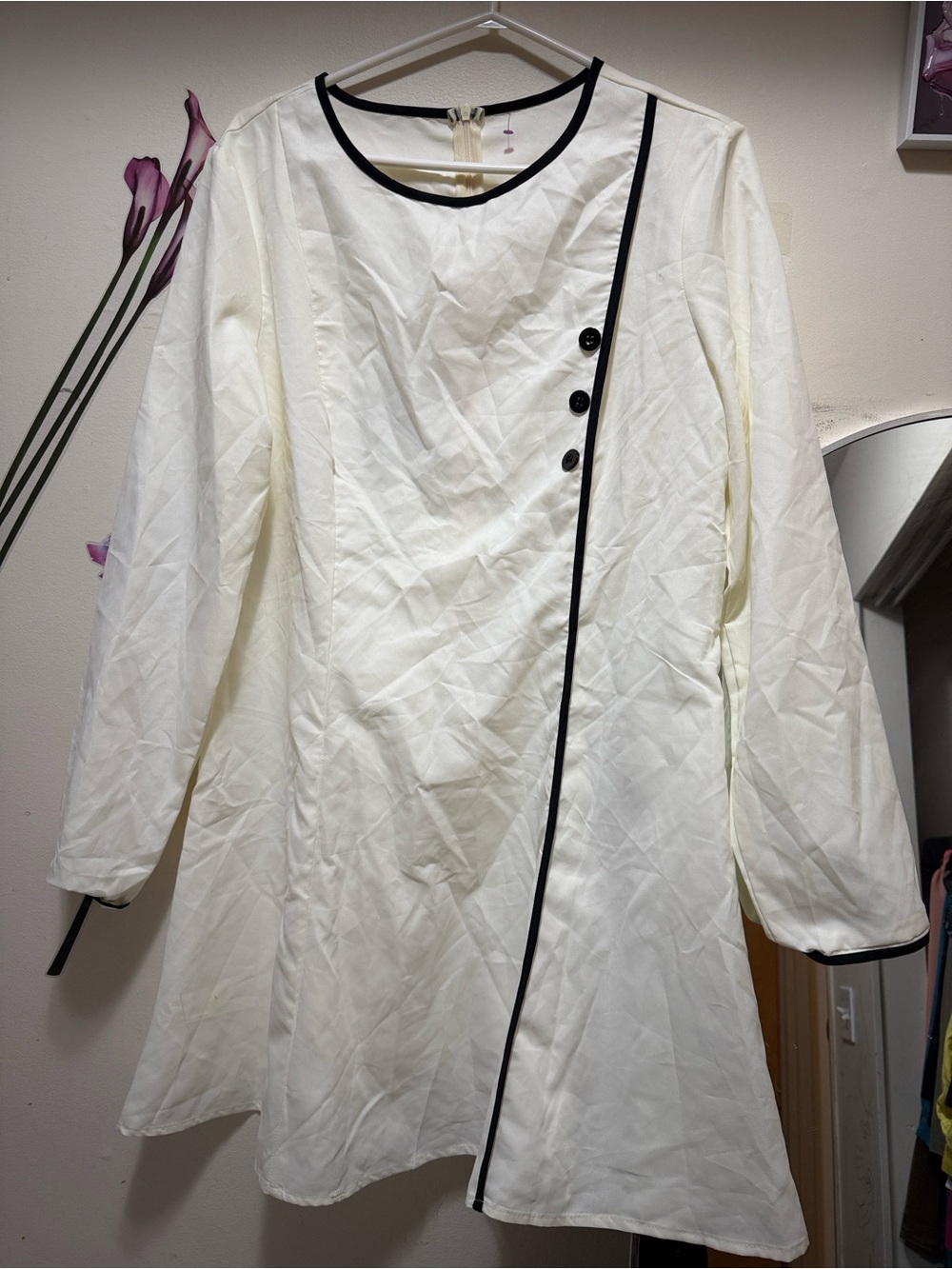 Cream Long-Sleeve A-Line Dress with Black Trim